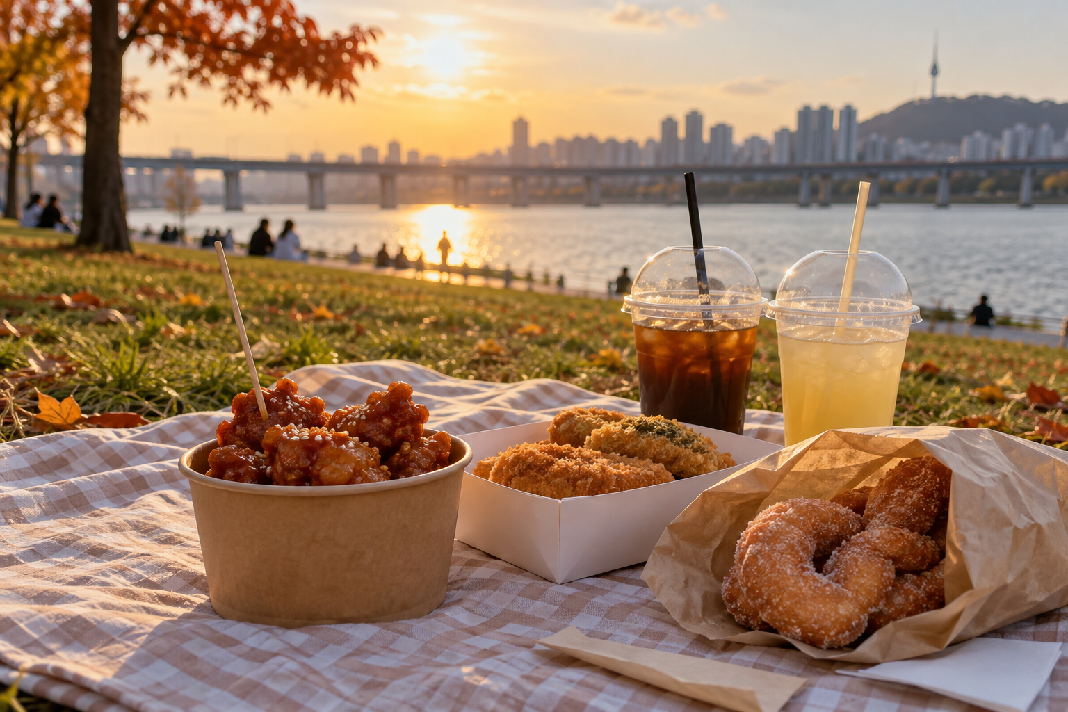 漢江公園の芝生で市場の軽食を広げたピクニック