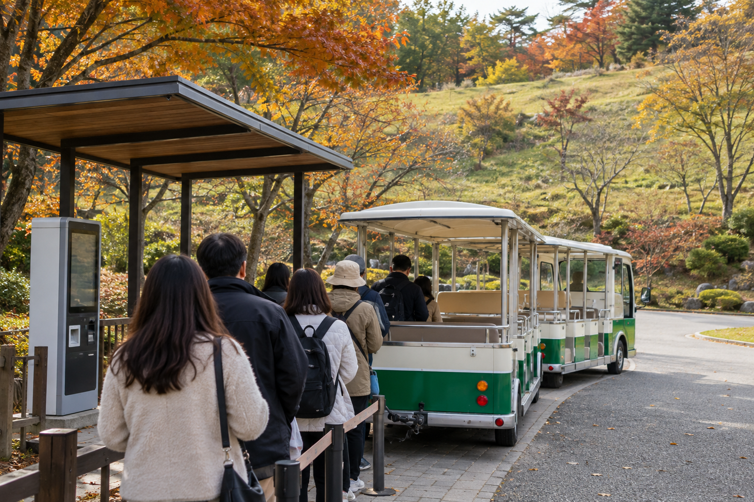 Queue for the electric cart next to a ticket kiosk at the foot of the hill