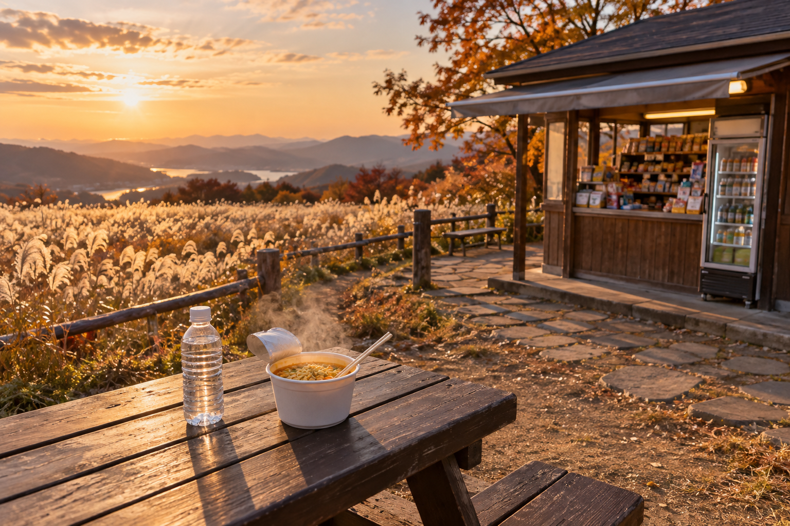 Cup ramen and a water bottle on a picnic table beside a small hilltop shop