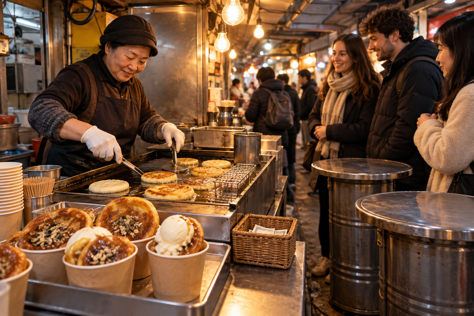 市場の地下の屋台でホットクを焼く様子