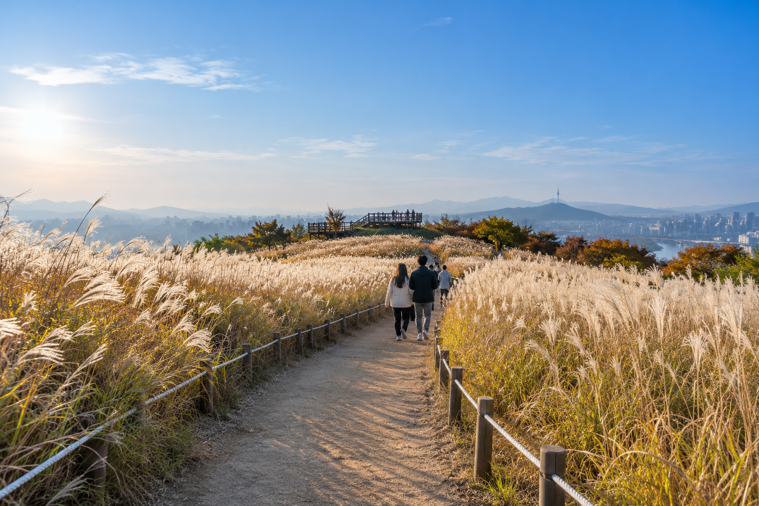 Walking path through tall silver grass on a flat hilltop