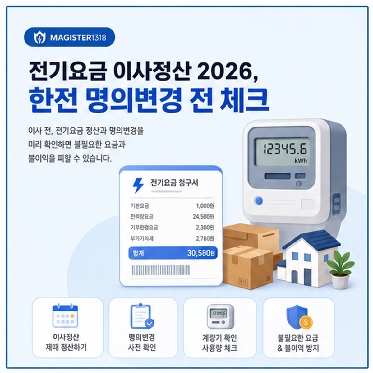 전기요금 이사정산 2026, 한전 명의변경 전 체크 전기요금 이사정산 2026, 한전 명의변경 전 체크